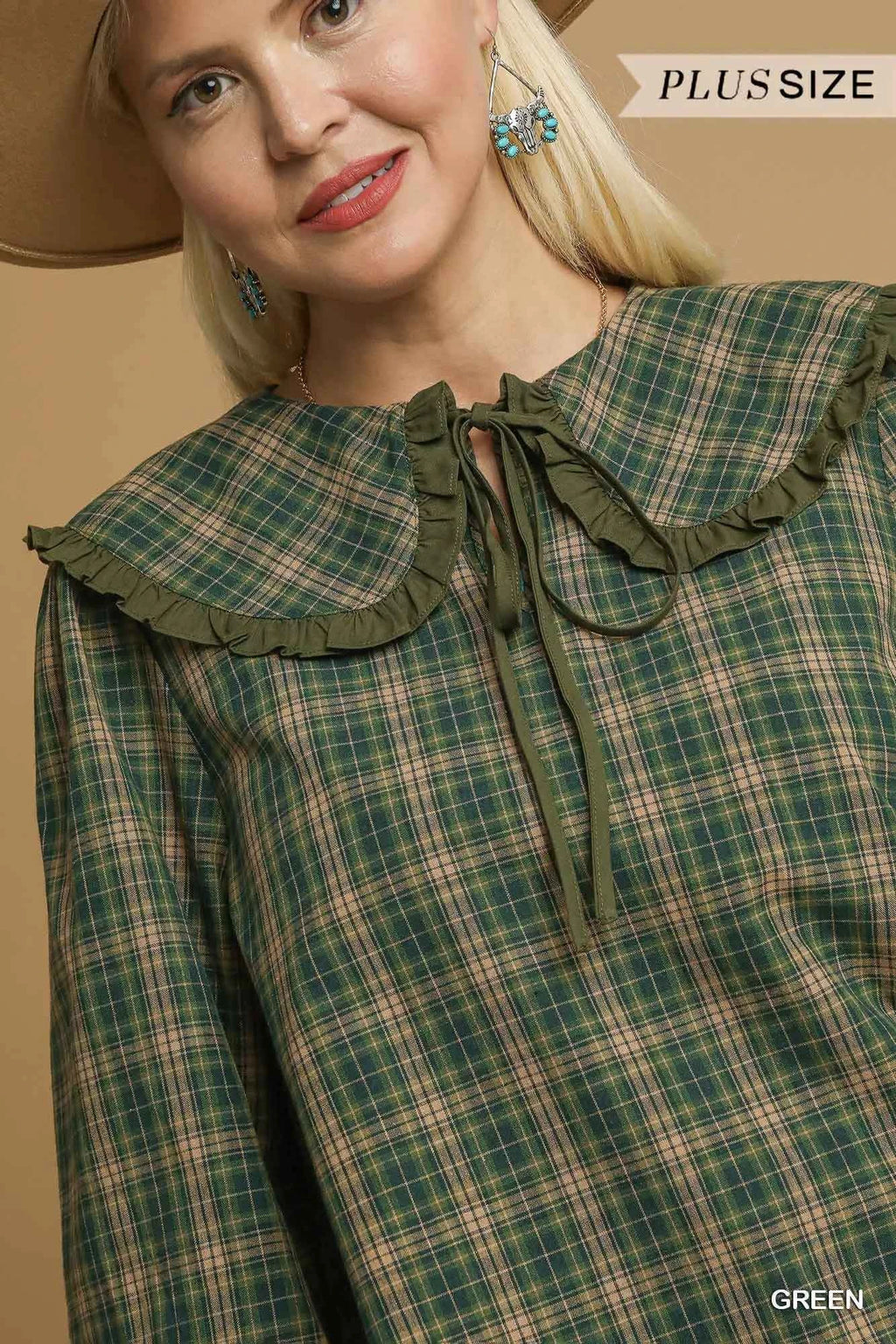 Umgee Full Size Plaid Ruffle Collar Blouse Plus Size 17277be9-09ea-42ca-9f26-d8df562d3b6e-Max-Origin