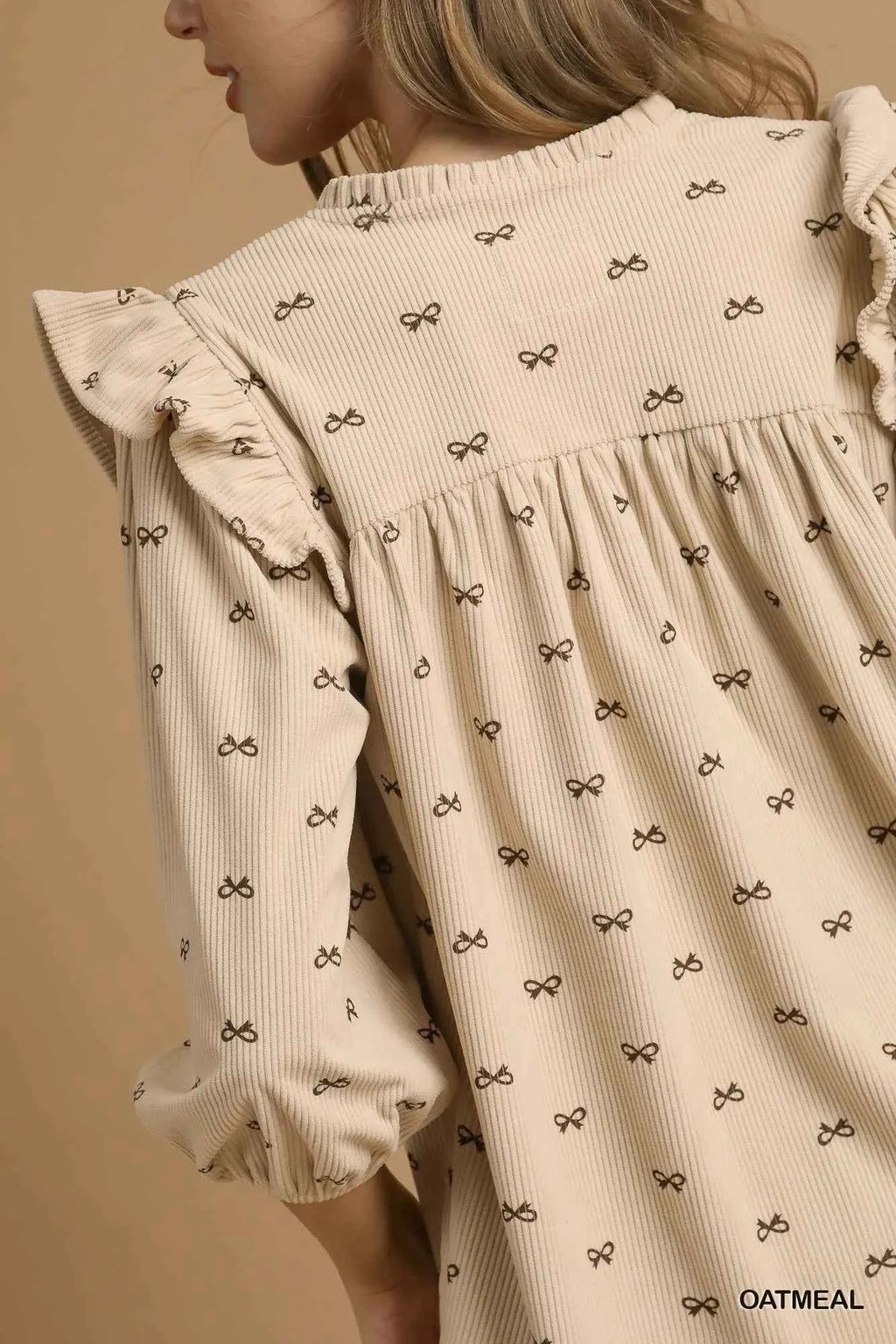 Umgee Bow Print Corduroy Puff Sleeve Blouse with Ruffled 172e5061-21d8-45d3-b3db-1a1415698de3-Max-Origin