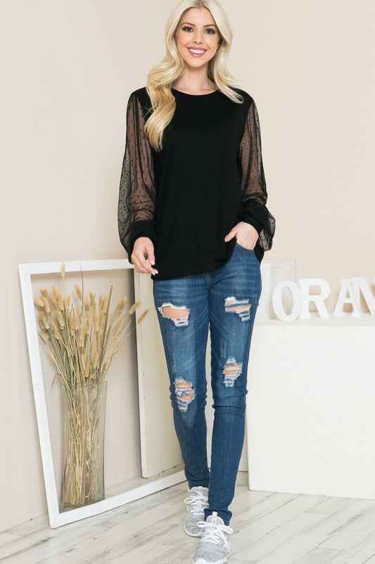 Mesh Dot Puff Sleeve Knit Top 17333989_1a623dd1-fce4-47ac-afd8-011793618f0f