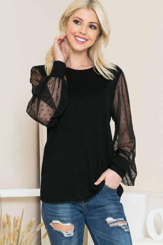 Mesh Dot Puff Sleeve Knit Top BLACK 17333989_9b19608e-716b-40ab-8af6-5bd9a2467f55