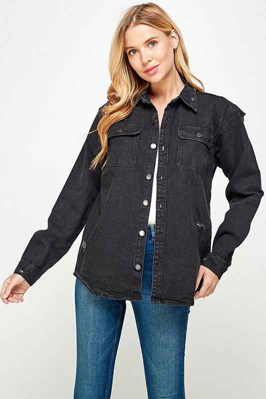 Women's Distressed Denim Shirts BLACK 17344983_d8519718-c8fe-47fe-94f4-676ba9ae943f