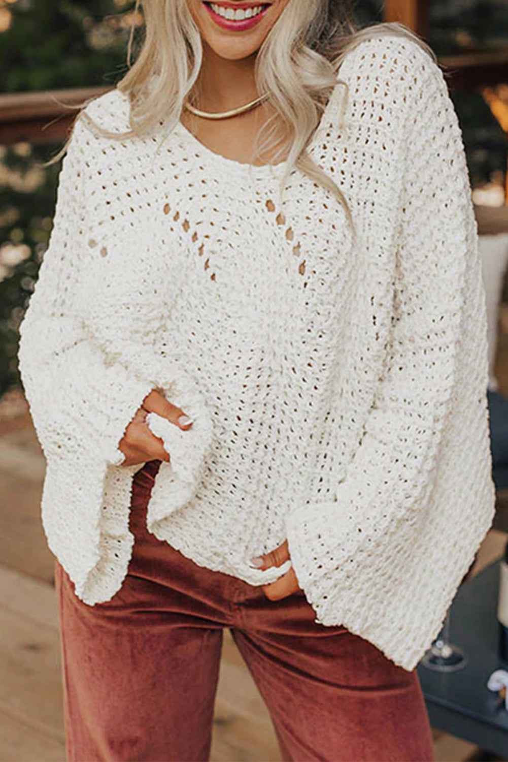 Camel Hollowed Detail Wide Sleeve Loose Pullover Sweater White 60%Cotton+40%Acrylic 173bdd8b24e1a431