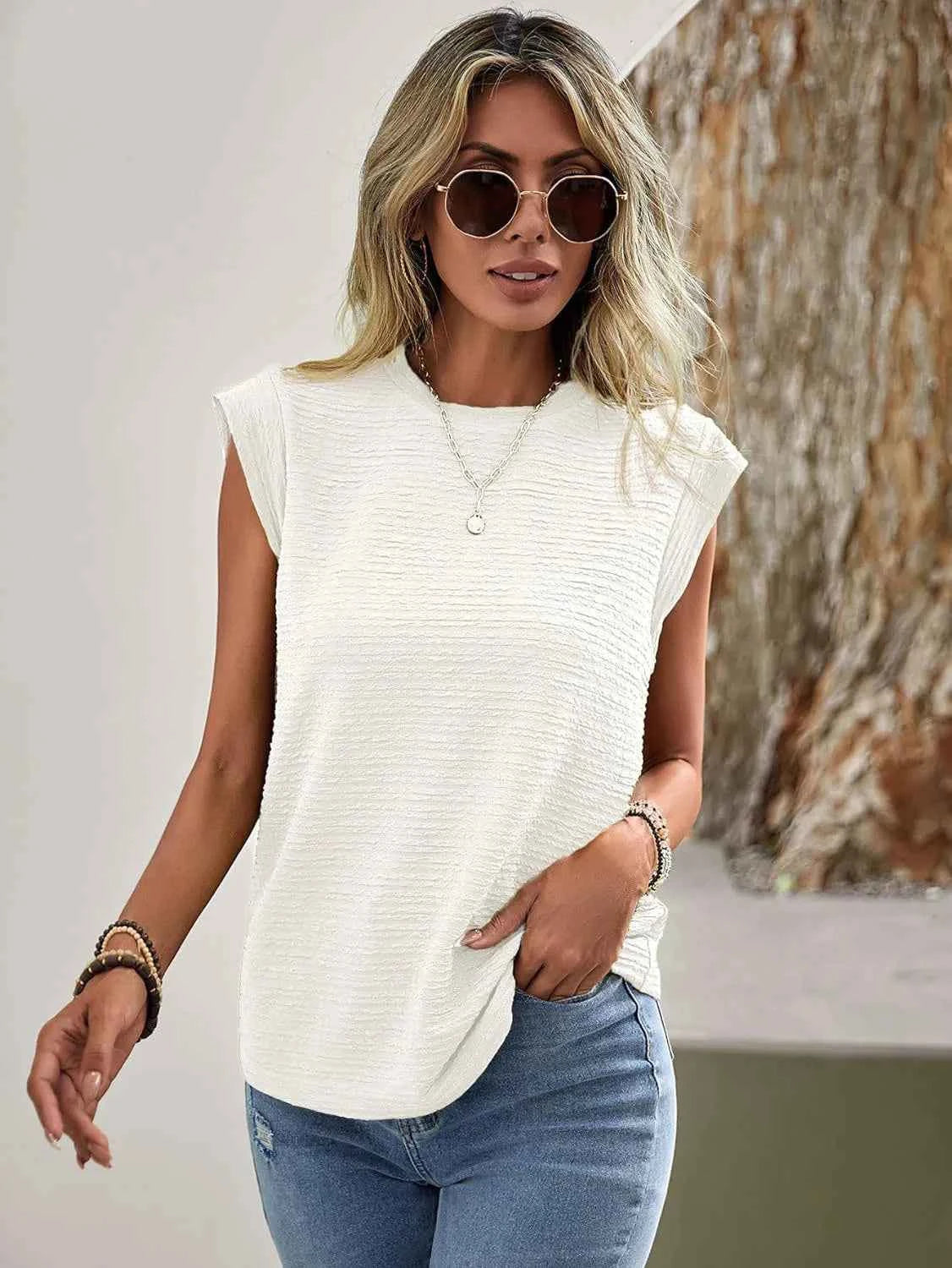 Textured Round Neck Cap Sleeve Top 1743367587fd4bfcbe9e68ef1c52f909-Max-Origin
