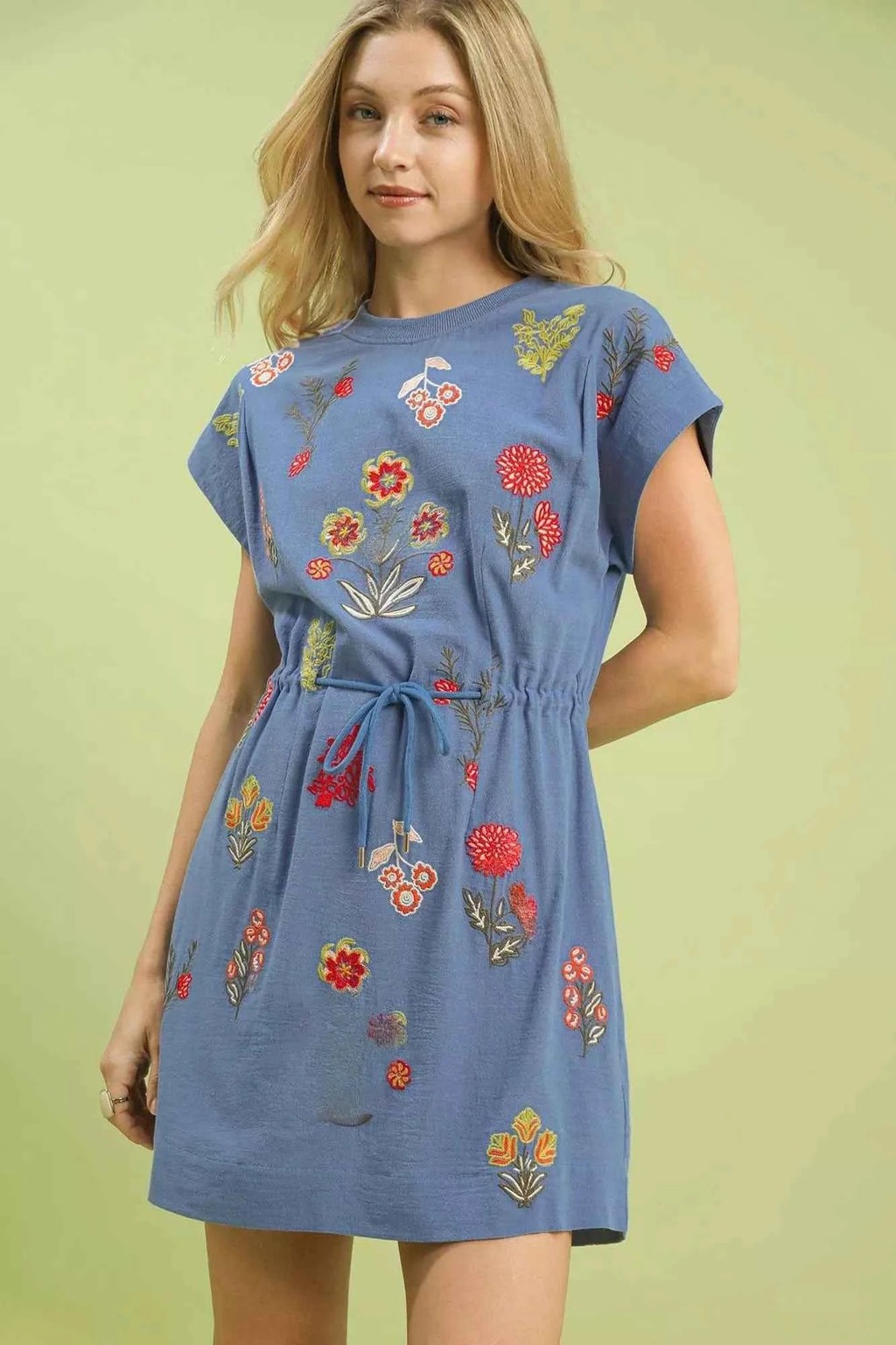 Umgee Embroidered Floral Mini Dress with Waist Tie DENIM 17472c36-6666-4892-8f1a-2f70f917e1a9-Max-Origin