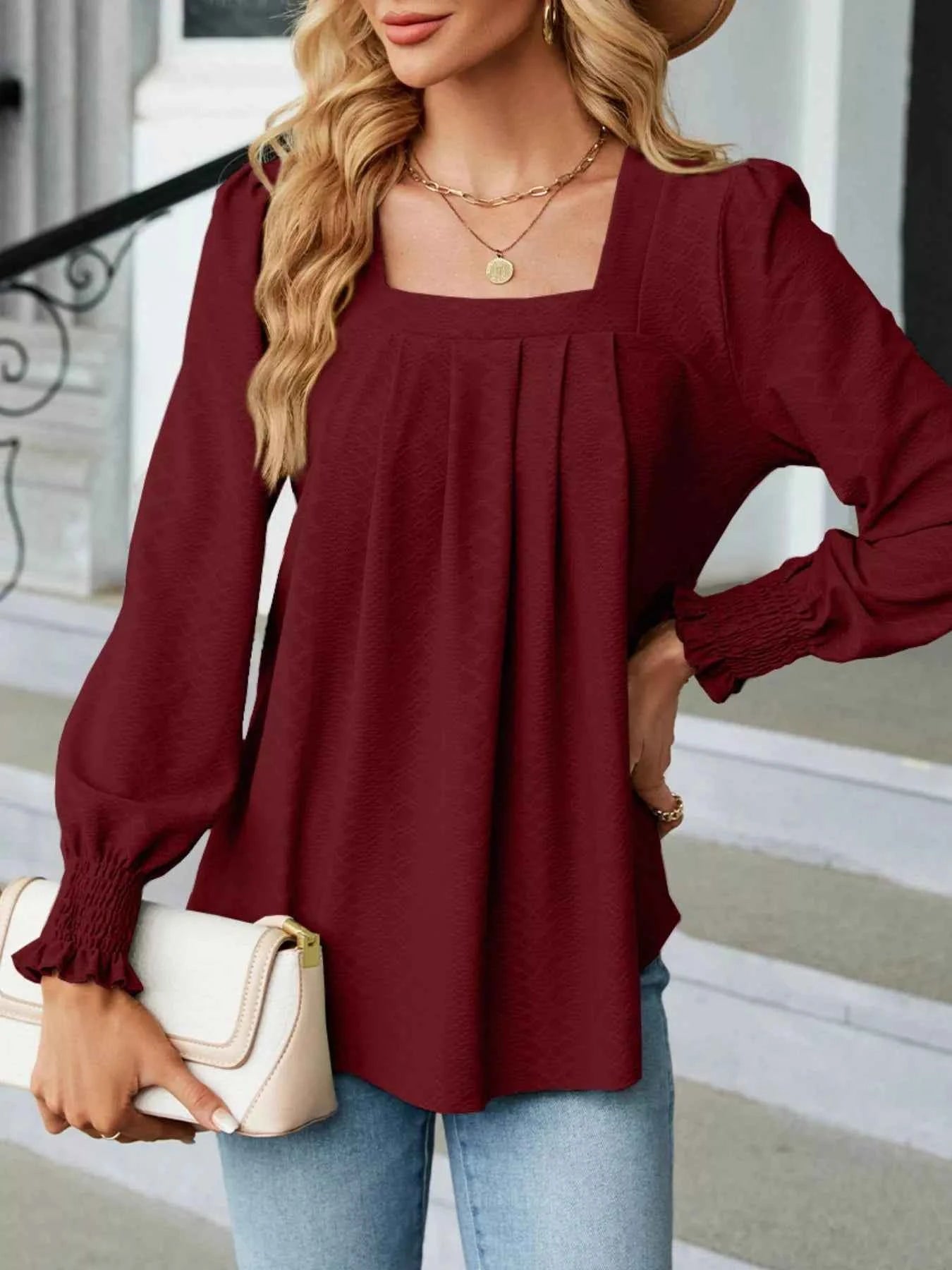 Pleated Square Neck Long Sleeve Top Burgundy 174dca9b-b157-4210-b4a6-2748c689b0bb-Max-Origin