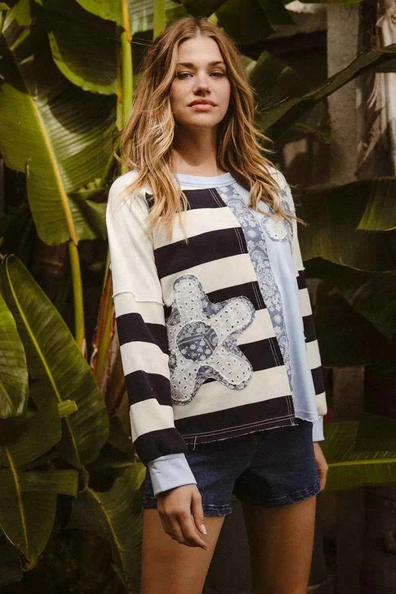BiBi Patchwork Striped Round Neck Sweatshirt 174f11c8814f4a47ab6501a04a37e9b3-Max-Origin