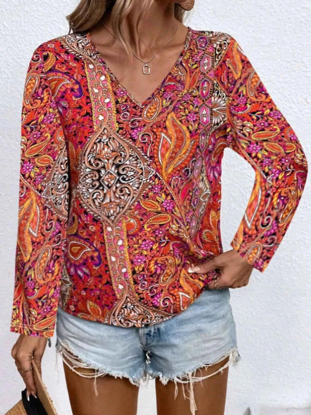 Printed V-Neck Long Sleeve Blouse 1751646d-f393-4580-b3cf-b38379498137-Max-Origin