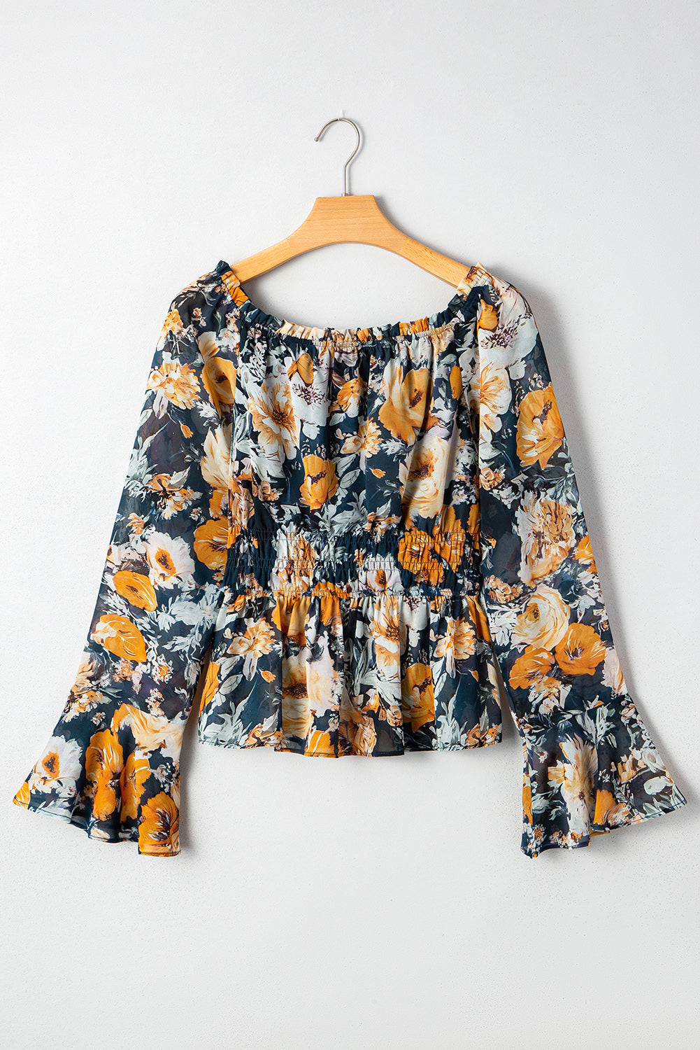 Blue Floral Off Shoulder Bell Sleeve Smocked Peplum Top 175371235f98363a