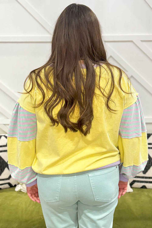 Yellow Striped Colorblock Patchwork Plus Size Pullover Sweatshirt 17558c741ffc0e2e