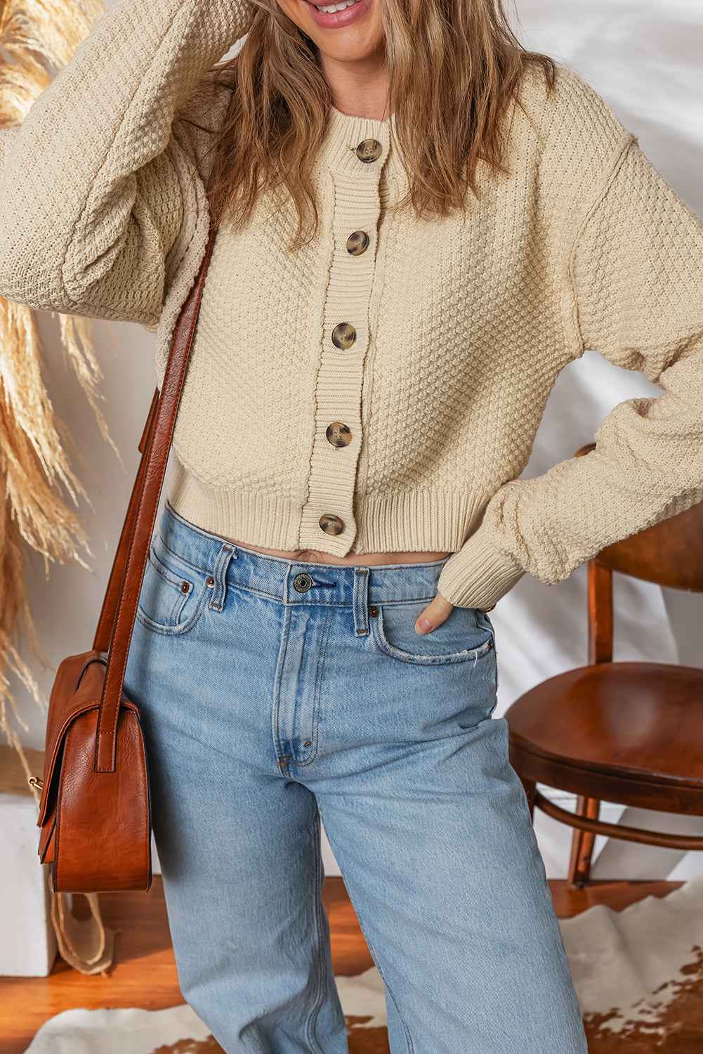 Beige Button Front Cropped Cardigan Sweater 1758e3c525dfb82d