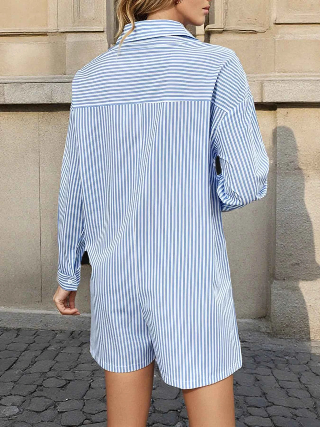 Striped Button Front Long Sleeve Romper 175a60425b2240679a95472680c24469-Max-Origin