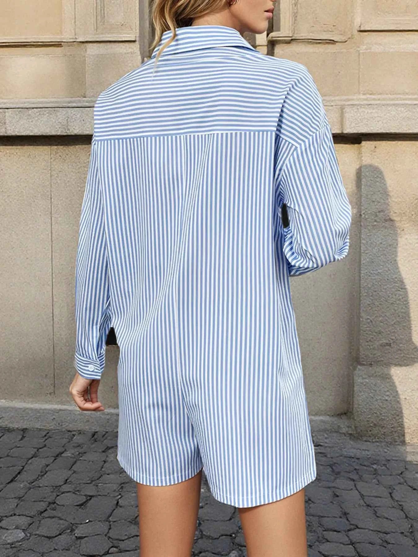 Striped Button Front Long Sleeve Romper 175a60425b2240679a95472680c24469-Max-Origin