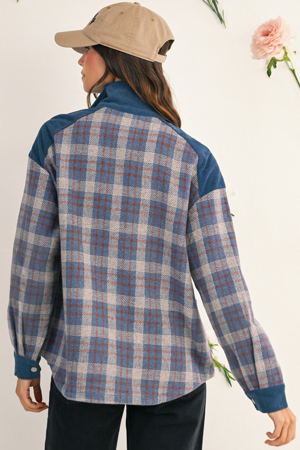 Gray Plaid Corduroy Patchwork Collared Zip Up Snap Button Jacket 175b18842177ad4d