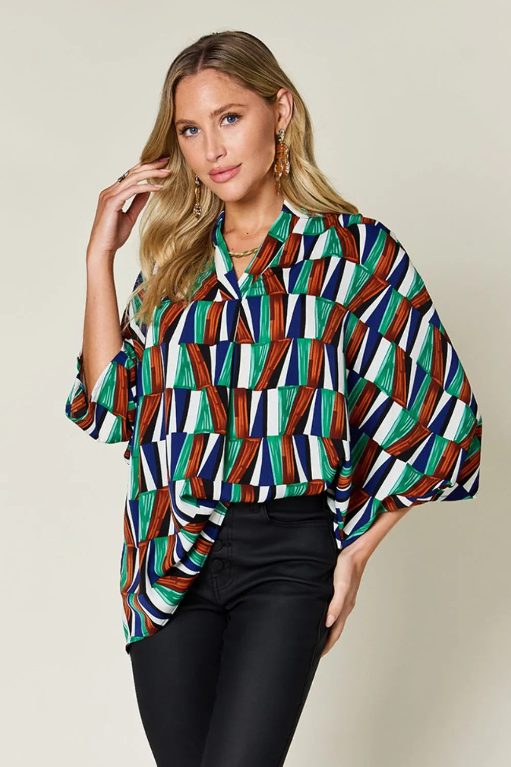 Double Take Full Size Geometric Notched Dolman Sleeve Top Turquoise 175cb8a0-a301-4e13-81f2-a54132b33637-Max