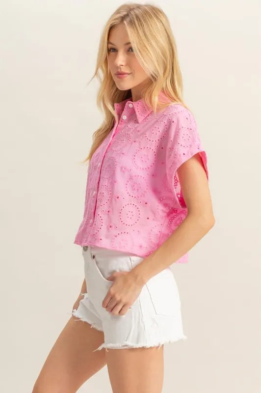 HYFVE Lightweight Eyelet Button Down Short Sleeve Shirt 175d051d-1fec-473a-94f8-03429c8d134d-Max