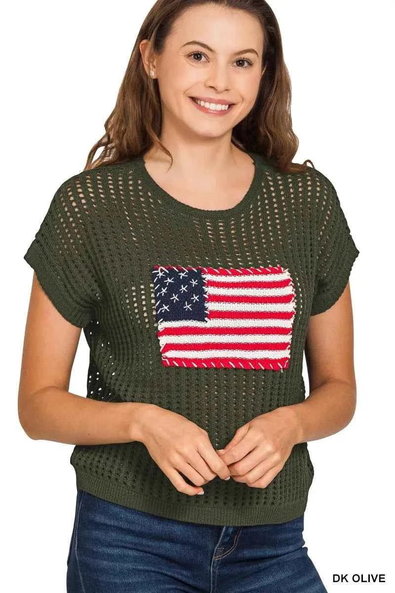Zenana Viscose American Flag Openwork Knit Top DK OLIVE 175d2012e3664b52bbbc1b348fc931c6-Max-Origin