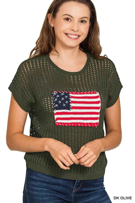 Zenana Viscose American Flag Openwork Knit Top DK OLIVE 175d2012e3664b52bbbc1b348fc931c6-Max-Origin