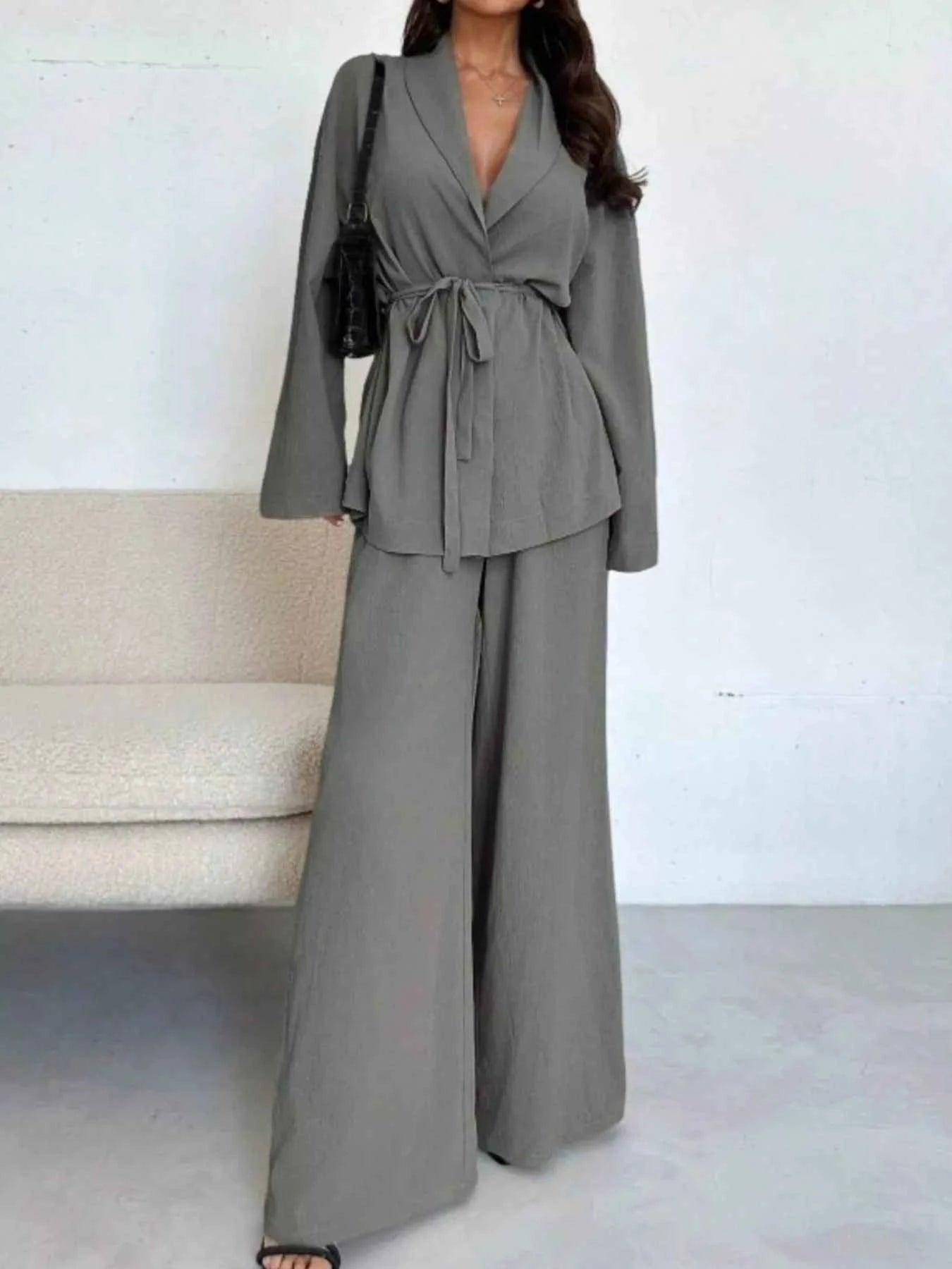 Front Tied Shirt and Wide-Leg Pants Set Gray 17606461-8e88-4b45-ac71-2c12cc4e35a8-Max-Origin