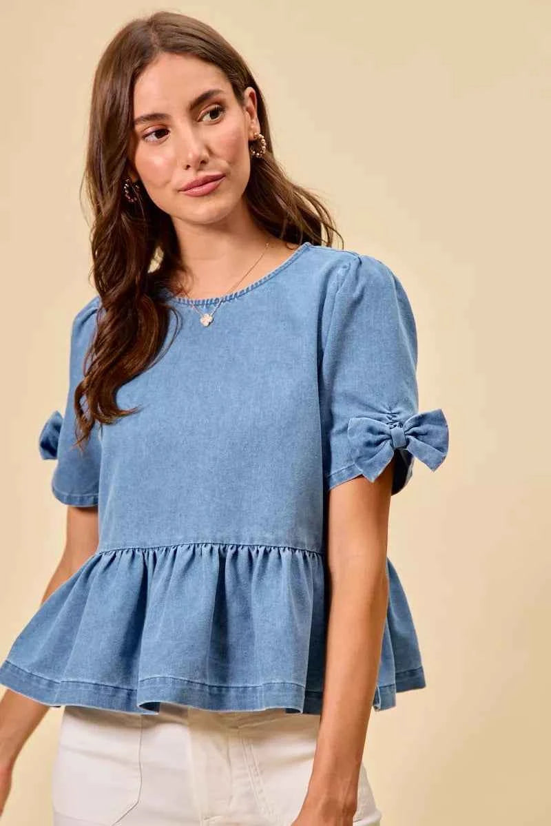 SO ME Denim Bow Detail Short Sleeves Peplum Top 17609e04c13d4ffca1f0fdb9c3c3d7a4-Max-Origin