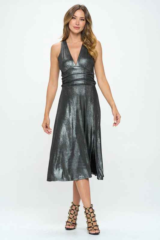 Metallic Solid Deep V Neck Lined Dress with Slit 17612428_c2f13cec-214c-4353-a152-1836a94fba1d