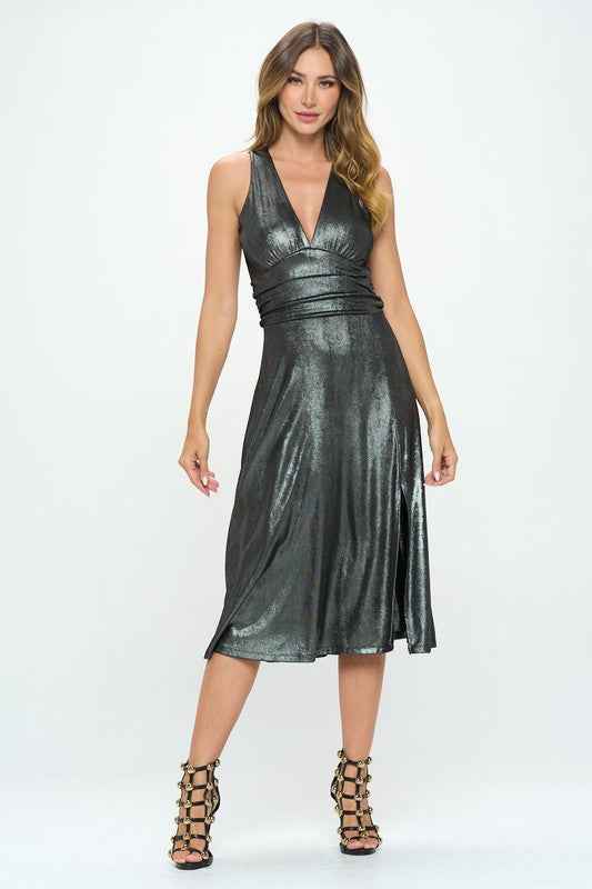 Metallic Solid Deep V Neck Lined Dress with Slit 17612428_f71d7300-ceb9-401a-856a-df0e225d3137
