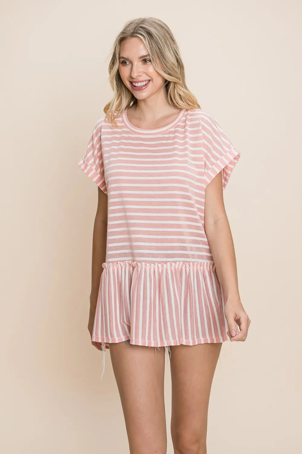 Cotton Bleu by Nu Label Striped Ruffled Short Sleeve Top Coral 1763fa61-d502-4f72-8b1f-8d37bede9bed-Max