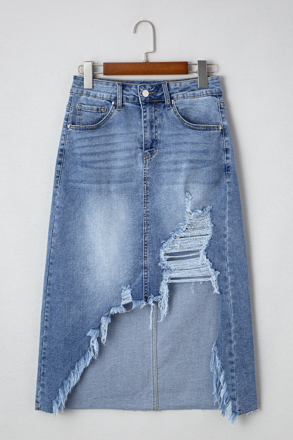 Myosotis Irregular Distressed Hem Denim Midi Skirt 1768776e9594a09b