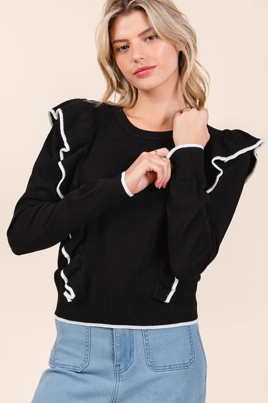 Mittoshop Contrast Trim Ruffled Round Neck Knit Top 176883fd-1119-4fce-b981-0864ab3c72ba-Max