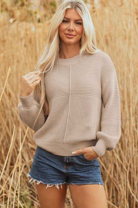 Ribbed Patchwork Textured Knit Puff Sleeve Sweater 176dbe5f-e88c-4bb9-aeef-95ed94cb6645