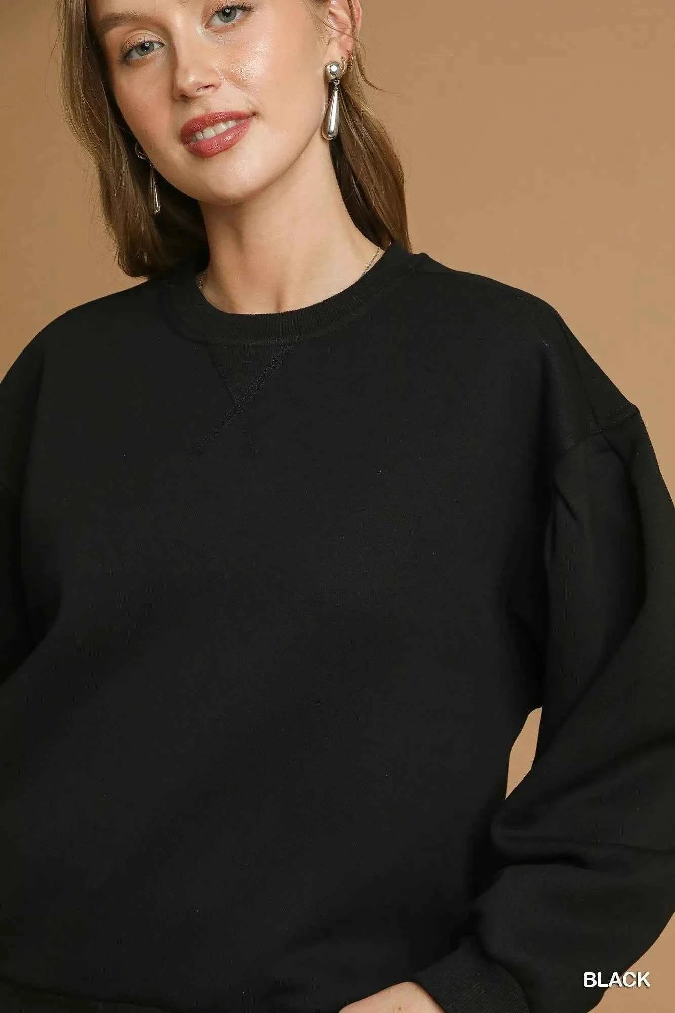 Umgee Round Neck Sweatshirt with Pleated Detail 176f377c-0055-47ba-9c48-10ad9056f2dc-Max-Origin