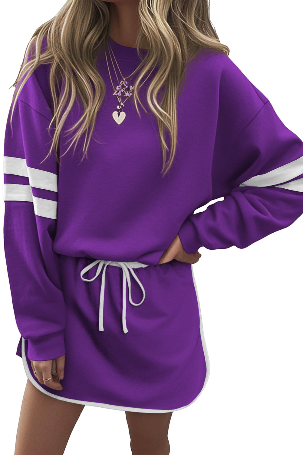 Tillandsia Purple Varsity Stripe Detail Drop Shoulder Pullover Mini Skirt Set Tillandsia Purple 65%Polyester+35%Cotton 177020c44c7728b0