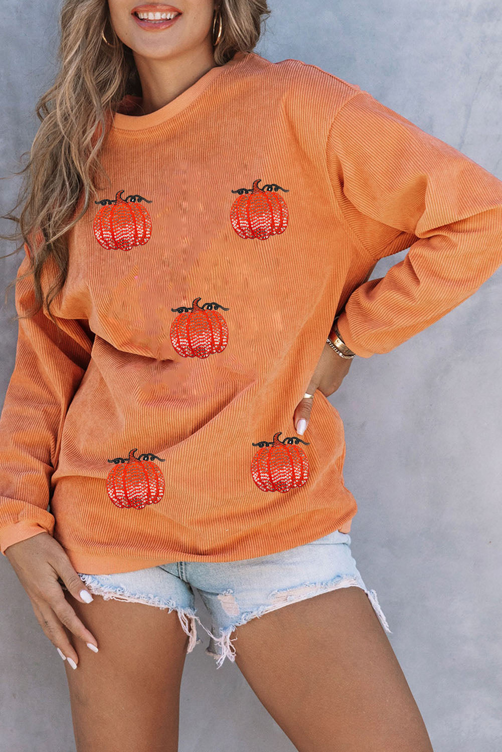 Orange Sequin Pumpkin Patched Twisted Rib Baggy Sweatshirt Orange-3 100%Polyester 1771d4861cfdb5ef