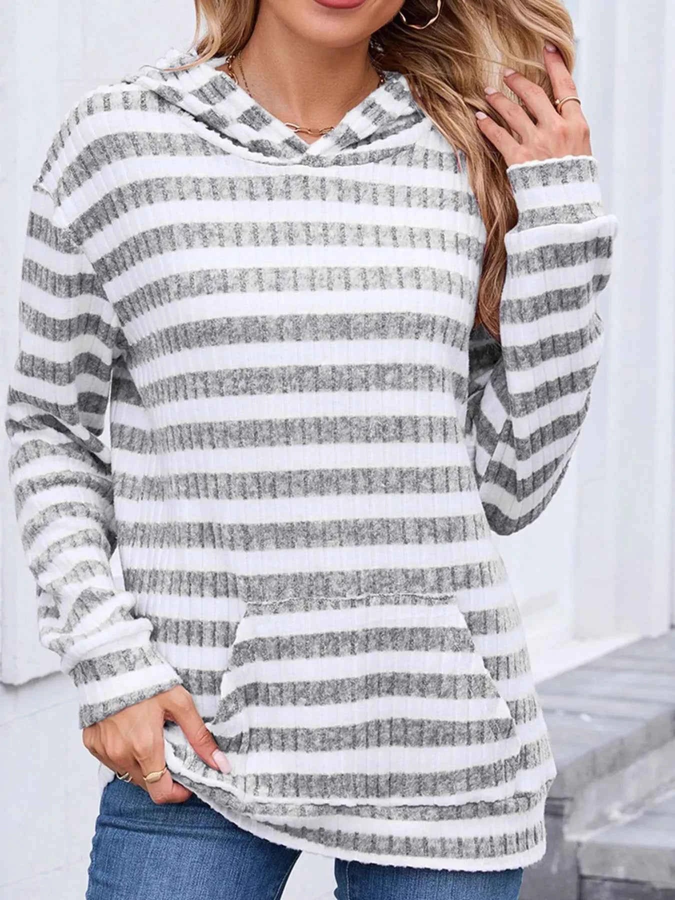 Striped Ribbed Knit Hoodie with Kangaroo Pocket
