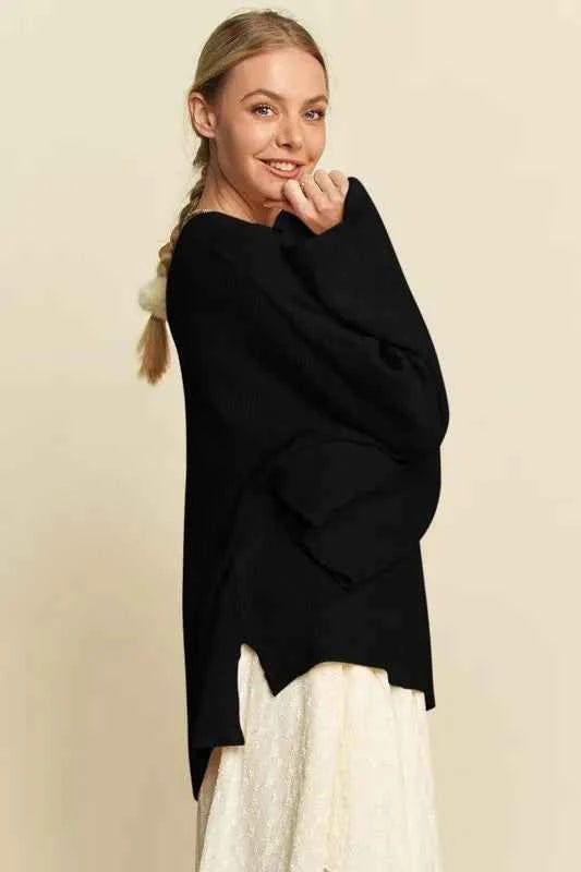 Davi & Dani High-Low Round Neck Drop Shoulder Sweater 1773b3d1-4d41-4621-9167-9bf026a37b69-Max
