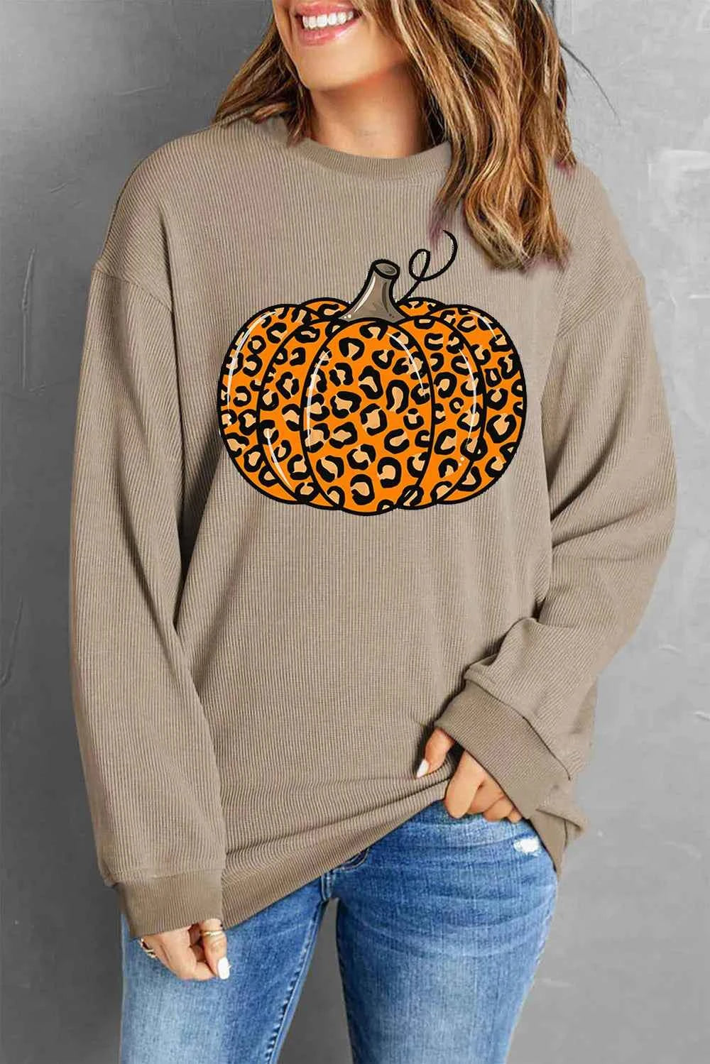 Pumpkin Round Neck Long Sleeve Sweatshirt Khaki 1773d06b-c846-4d7d-b954-ec69d61b92d1-Max