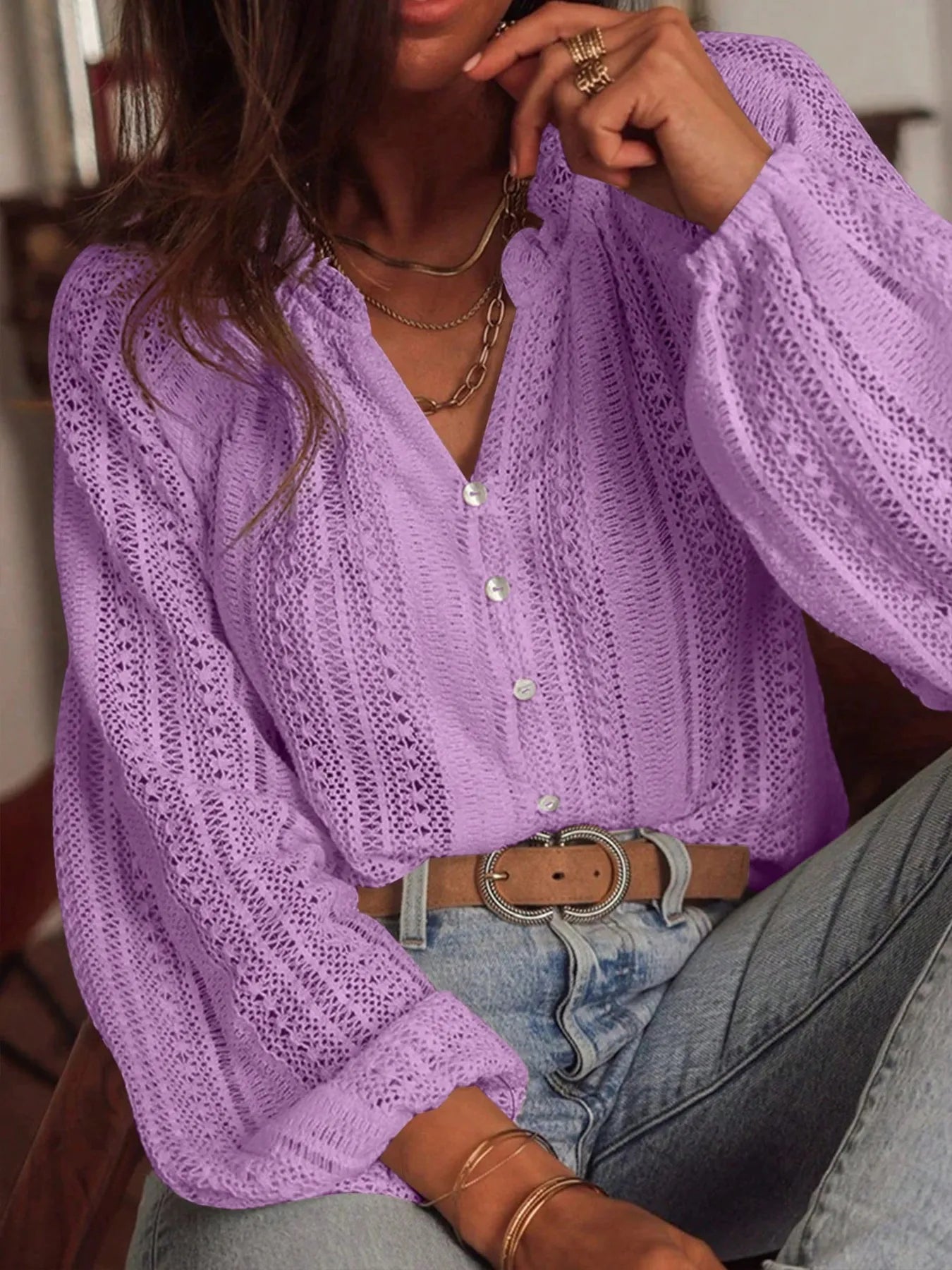 Crochet Notched Button-Front Shirt Purple 177663d03c0b4b72aed003e694d93161-Max-Origin
