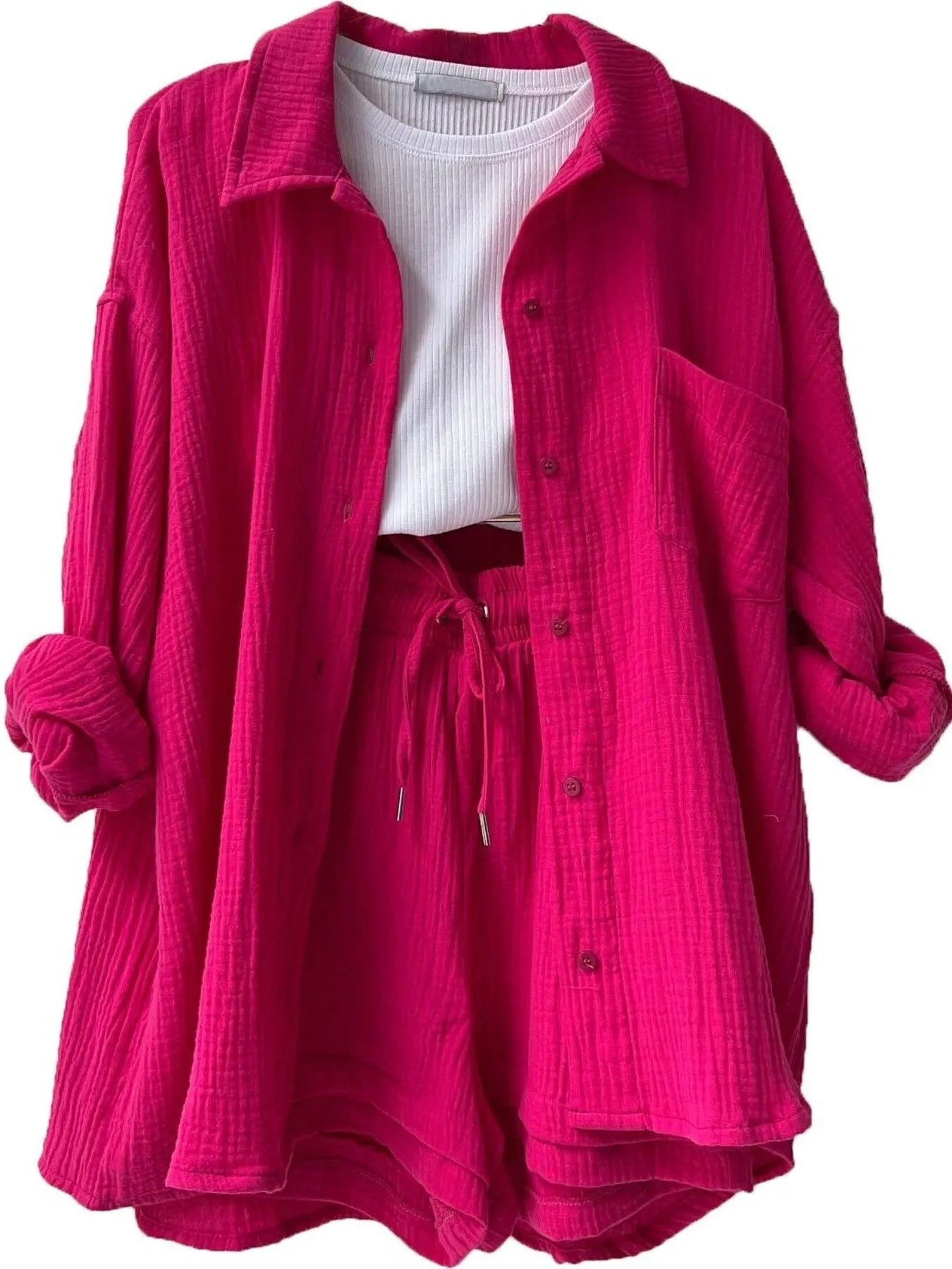 Textured Button Up Shirt and Shorts Set Rose Red 1776a8c1-569d-4724-9969-b8075c9f6d25-Max-Origin