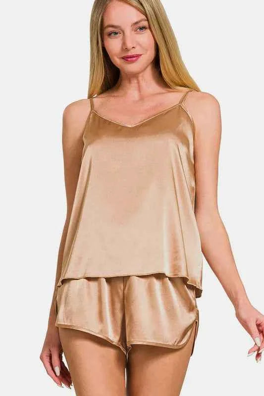 Zenana V-Neck Satin Cami and Elastic Waist Shorts Lounge Set Brush 17774223-c8bb-435b-9eb0-f06f0b440afb-Max