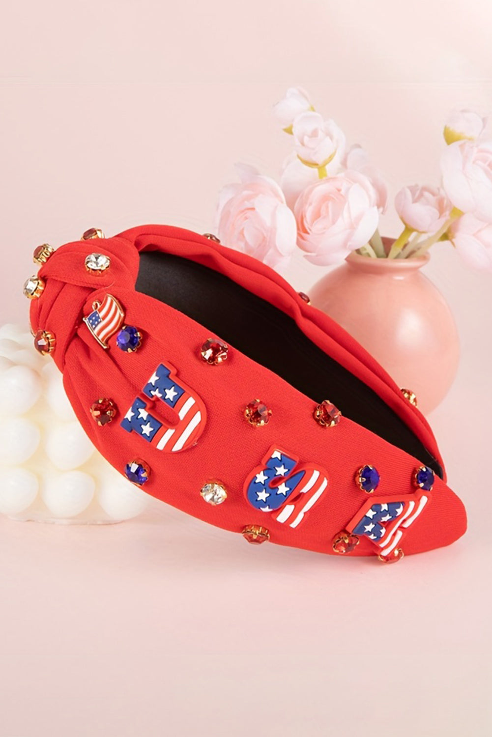 White USA Flag Gemstone Decor Knotted Wide Headband 177aa636ece0116a