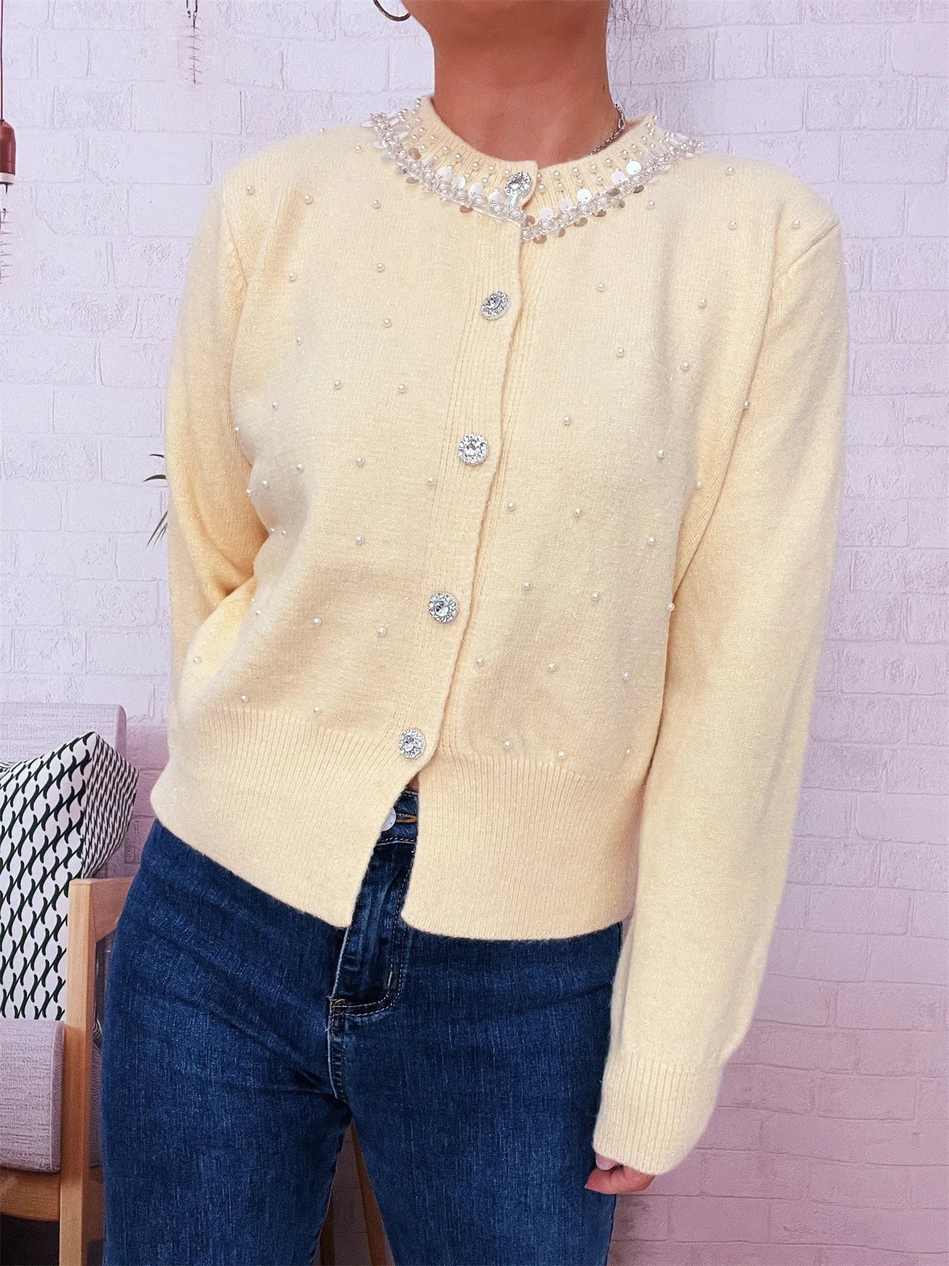 Pearl Detail Button-Front Cardigan 177be0ee4d394067876daafb7d1df3aa-Max-Origin