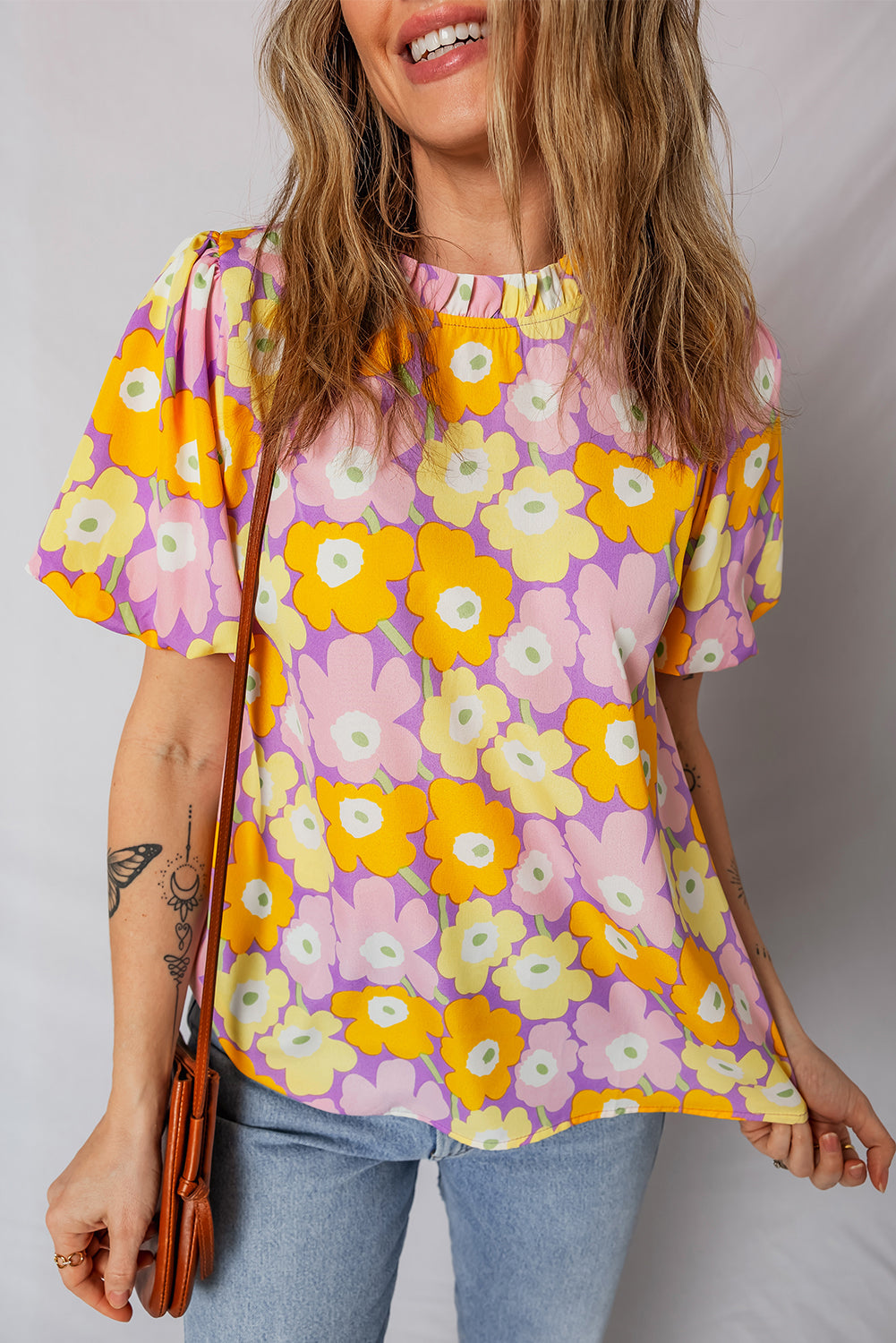 Purple Frilled Neck Puff Short Sleeve Flower Top 177c3c6ee734218c
