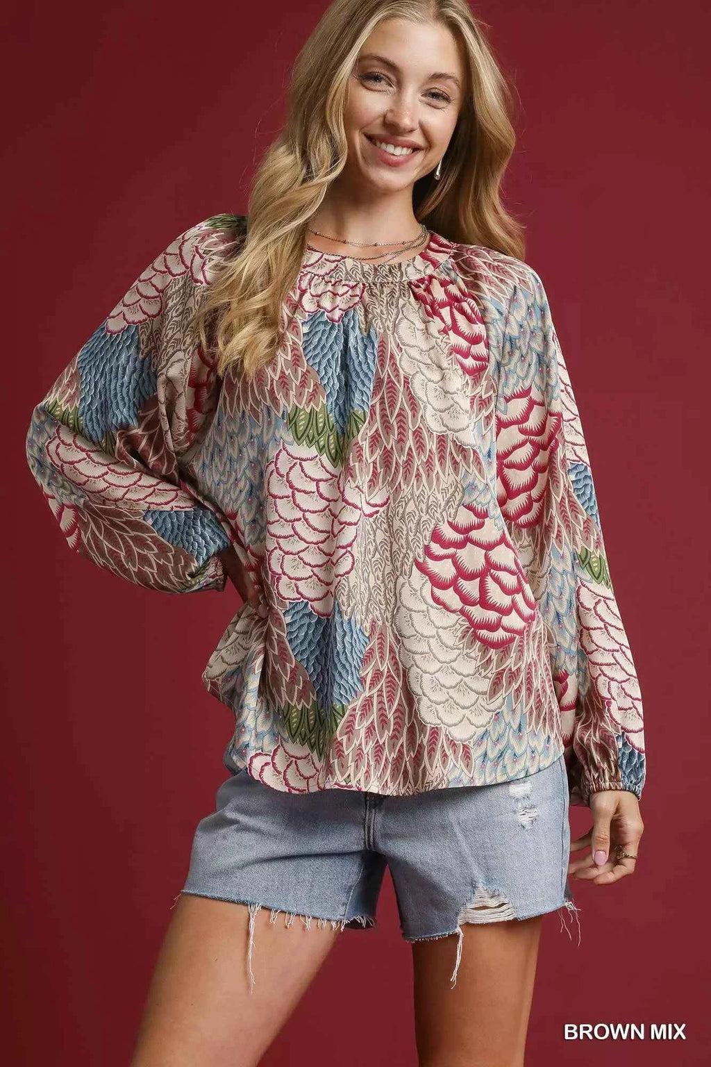 Umgee Boho Feather Print Peasant Blouse BROWN MIX 177ce799-30fc-4625-856e-f03695025747-Max-Origin