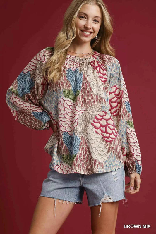 Umgee Boho Feather Print Peasant Blouse BROWN MIX 177ce799-30fc-4625-856e-f03695025747-Max-Origin