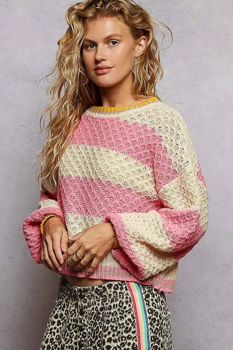 POL Contrast Striped Round Neck Sweater with Textured Cable Knit Pattern 177e4376-fb16-44bd-b994-1f9248e2f551-Max-Origin