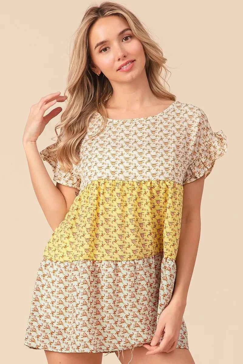Flroal Printed Woven Color Block and Tiered Top 177f26e6793c4e949f02bb429fee72a1-Max-Origin