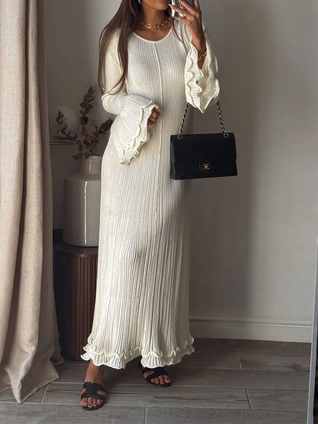 Ribbed Long Sleeve Dress with Ruffle Hem White 177fad747d134e94b561f2eccd3bd521-Max-Origin
