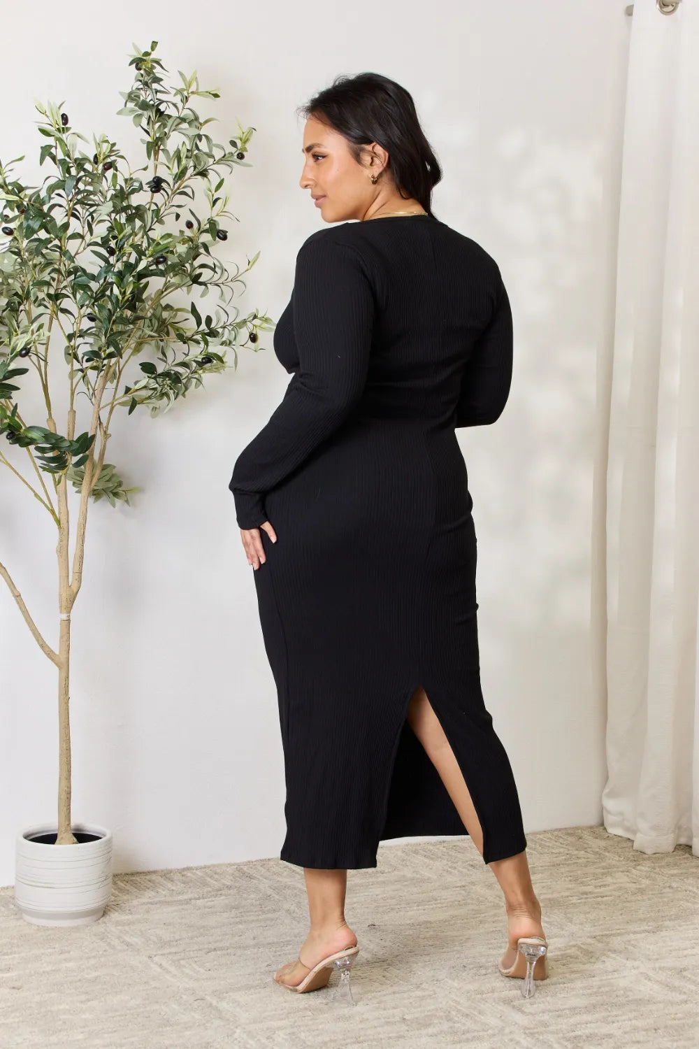 Culture Code Full Size Ribbed Long Sleeve Midi Slit Dress 178290fffa7a425f911c2c0dbb625402-Max