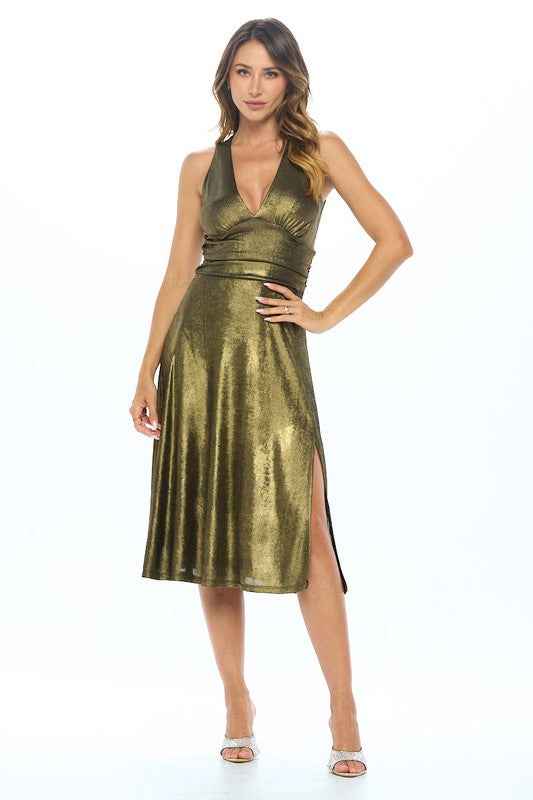 Metallic Solid Deep V Neck Lined Dress with Slit 17845449_1a3fef7c-d1a7-4b94-b78b-a92dc1eea9ae