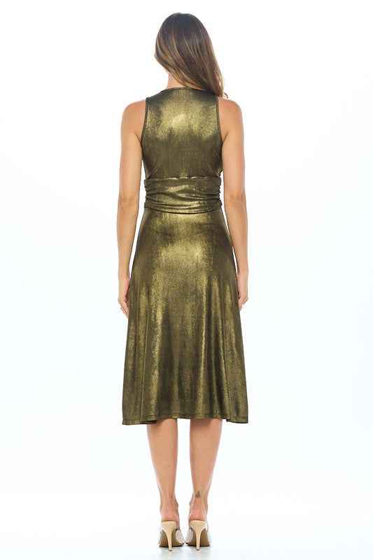 Metallic Solid Deep V Neck Lined Dress with Slit 17845449_5f580d60-33dc-4e92-b991-57237d4783a0