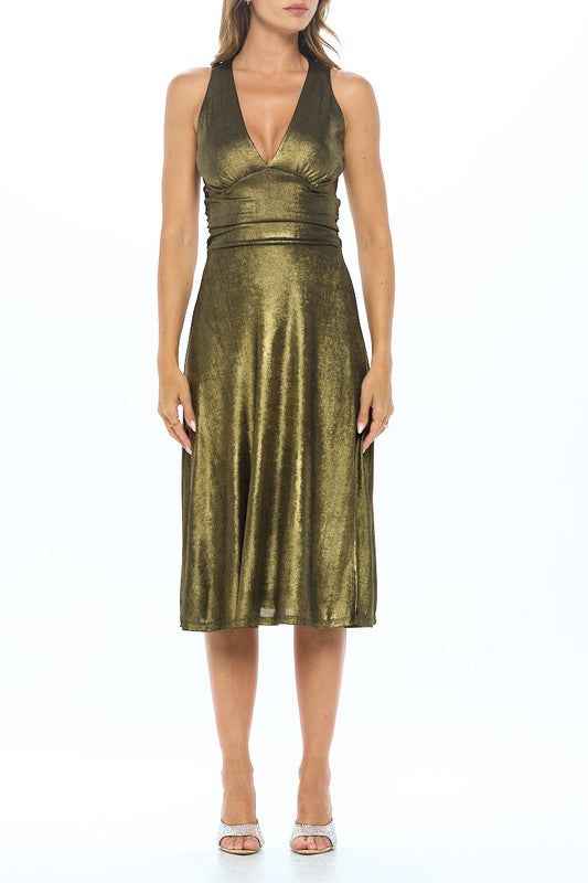Metallic Solid Deep V Neck Lined Dress with Slit 17845449_81ba7d94-b4b1-4b91-8d1b-2a506f9783d4